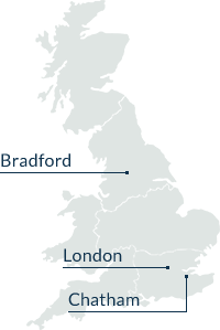 Map graphic showing our locations Bradford, London & Chatham