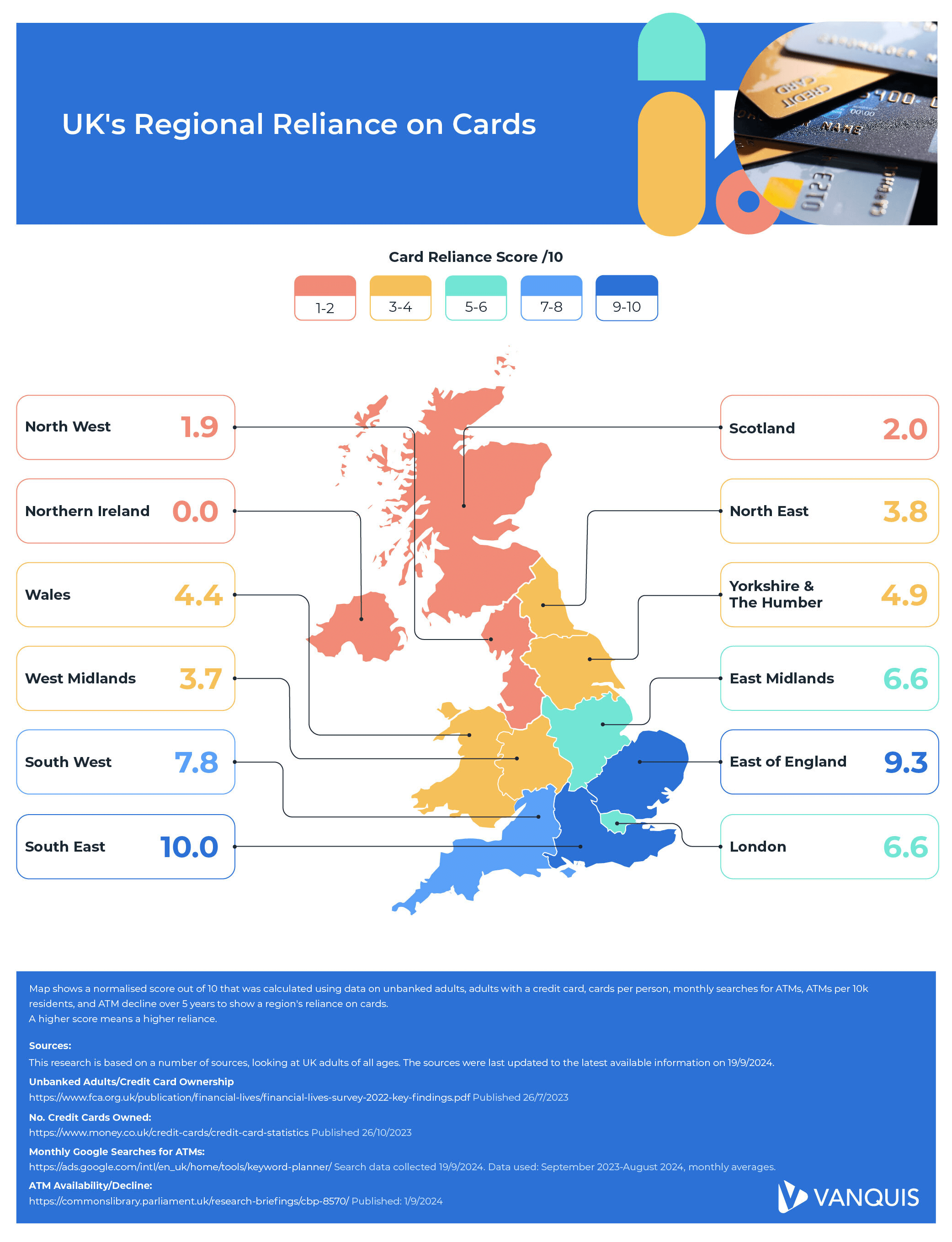 a map of the UK showing card usage by region